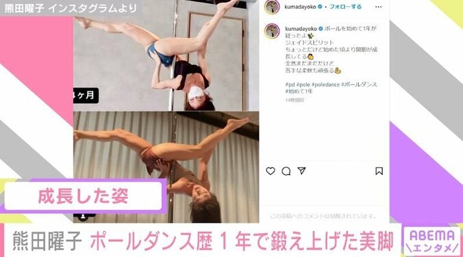 熊田曜子、“逆上がり開脚”の比較ショットを公開 ポールダンス歴1年を迎えた成長に 「めちゃくちゃ綺麗」「違いがわかります」と絶賛の声 1枚目