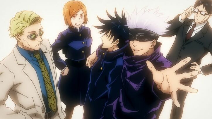 アニメ「呪術廻戦」12話場面カット 七海建人と釘崎野薔薇と伏黒恵と五条悟と伊地知