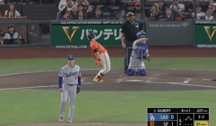 【写真・画像】何が起きた？ 大谷翔平の打席で“謎のハプニング”「どうした」「びっくりした」叫んだ後に動かなくなる… ファン騒然「笑ってるやん」　1枚目