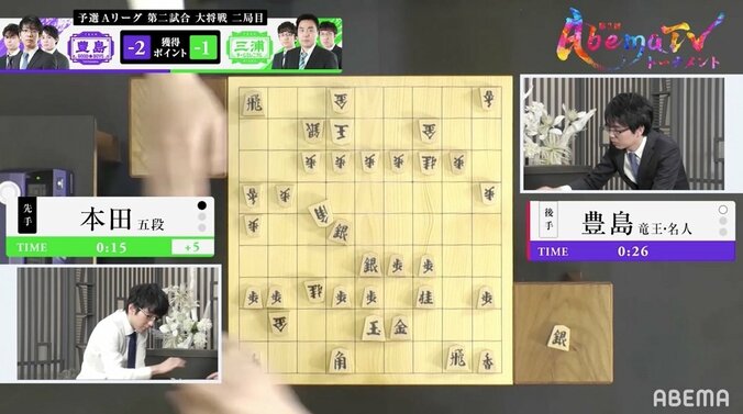 駒も激突の白熱バトル　ベテラン棋士も「大丈夫ですよね！？」「勝ってると思います！」「とりあえず打て！」と大興奮／将棋・AbemaTVトーナメント 1枚目