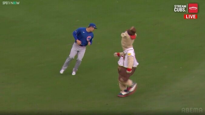 鈴木誠也が敵軍マスコットに「絡まれてるやん」 試合中もまさかの注目「またちょけてるよ」珍光景を現地中継が“イジる” 3枚目