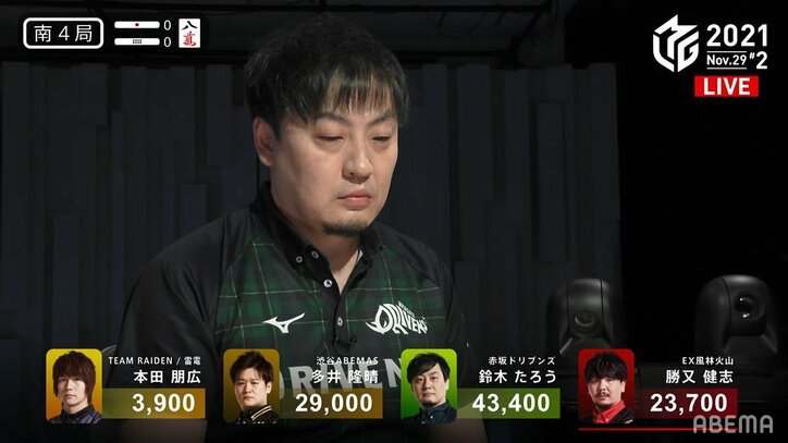 鈴木たろう、危険牌ぶった切る覚悟で待望トップ「これじゃ足りない」と欲張り顔でニヤリ/麻雀・Mリーグ