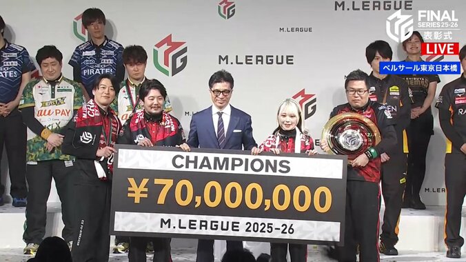優勝シャーレを手に喜ぶEX風林火山の選手たち