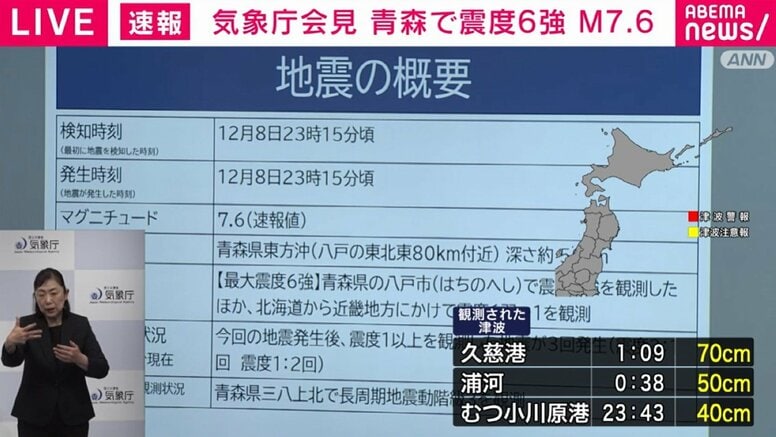 【速報】北海道・三陸沖「後発地震注意情報」発表へ 青森県で震度6強【気象庁】