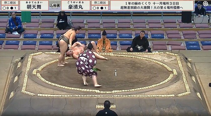 土俵を転がり落ちた朝天舞