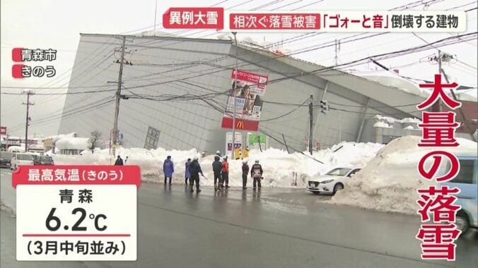 商業施設の屋根から大量の雪が落下