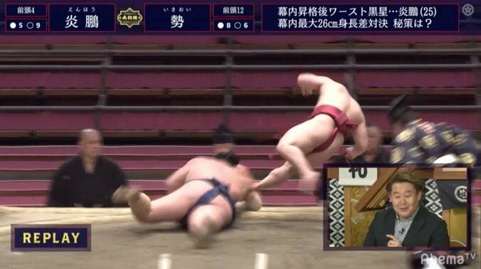 投げた後に「フライング炎鵬」　26センチ差跳ね返す下手投げ　直後に自分も吹き飛ぶ 1枚目