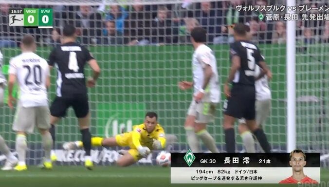 「ヤバすぎる！」ブレーメンGK長田澪、至近距離ショット→ギリギリで“神セーブ”「よく止めたな」「素晴らしい反応」驚異的な反射神経にファン騒然 2枚目