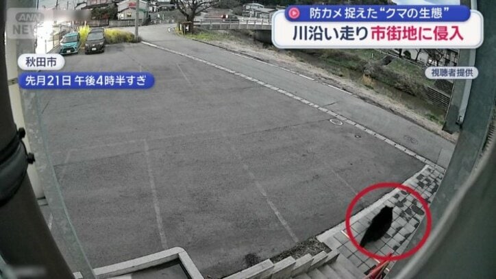 階段を降りて駐車場の脇を通り抜ける