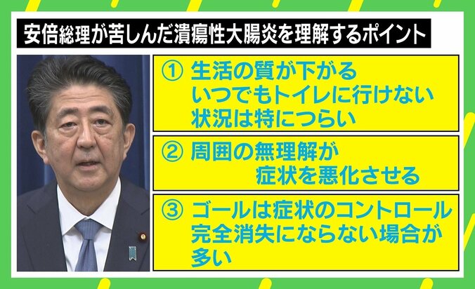 安倍総理が悩む潰瘍性大腸炎への無理解 臨床心理士「症状が無くなることが治療のゴールとは限らない」「病気があっても活躍できる社会を」 1枚目