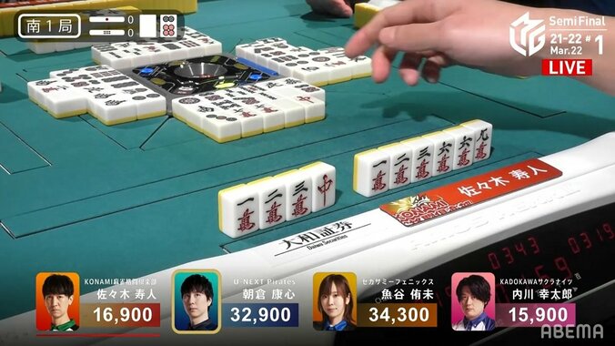 お前の手牌は透けている 佐々木寿人、放銃牌を即決ビタ止めの衝撃 視聴者も「読みがすごい」「さすが魔王」と興奮／麻雀・Mリーグ 2枚目