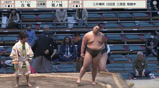 「様子がおかしい」土俵下に転落した力士、勝ち越し決めるも心配の声 土俵下で呼出も心配顔 4枚目