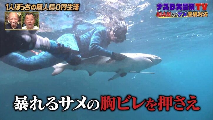 ナスD、無人島でついにサメを捕獲！ 海中“ライドオン”にバイきんぐも衝撃「命がけだよ…」「なんで躊躇なく行けるの？」