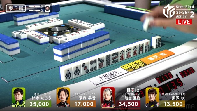 親リーチに無筋を一発で通した黒沢咲、超強気の打牌