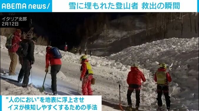 長い棒を次々に突っ込む救助隊