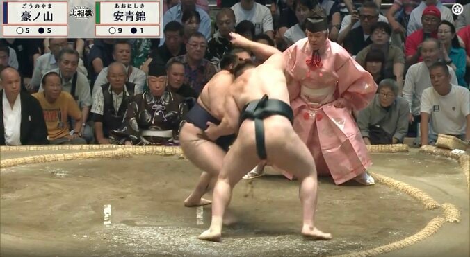 安青錦が1敗を死守した取組の様子