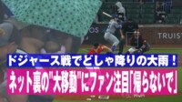 【映像】ドジャース戦でどしゃ降りの大雨! ネット裏の"大移動"にファン注目「帰らないで」