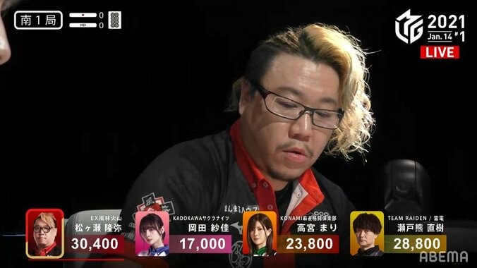 試合会場に重く響く「ドンッ」松ヶ瀬隆弥、太い腕でのツモに実況「一発ツモの音がした」／麻雀・Mリーグ 2枚目