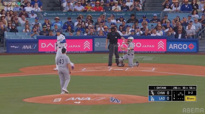 麦わら帽子を被った観客が大谷翔平を応援