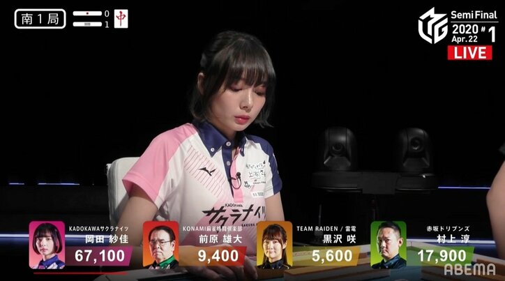 “サクラ姫”岡田紗佳が大トップで首位固め！歓喜のダブルピースにファン「かわいい」の大合唱／麻雀・Mリーグ