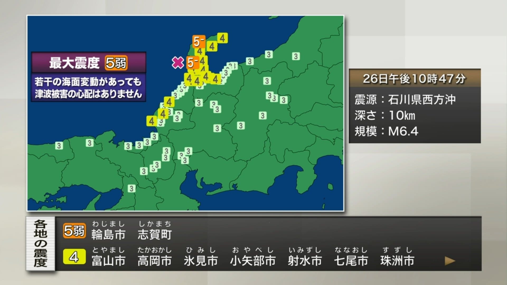 石川で最大震度5弱 潮位変化はあっても津波被害の心配なし | 国内 | ABEMA TIMES | アベマタイムズ