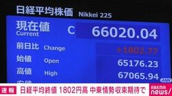 日経平均終値 1802円高 中東情勢収束期待で