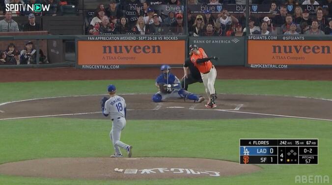 山本の魔球に打者のフローレスが体勢を崩される