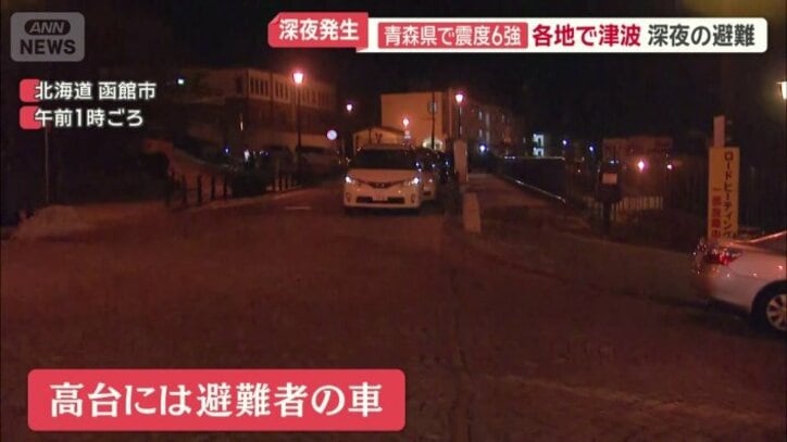 高台に避難した車がずらり