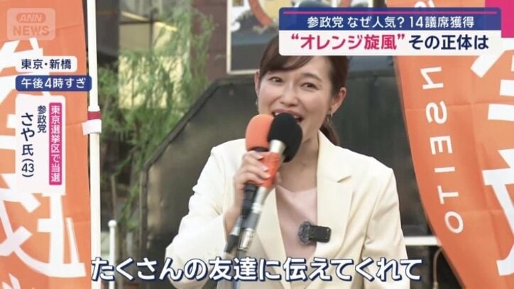 東京選挙区で当選 参政党 さや氏