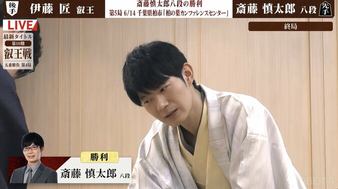 【写真・画像】挑戦者・斎藤慎太郎八段が勝利しフルセットへ！伊藤匠叡王との熾烈シリーズは2勝2敗に／将棋・叡王戦第4局　1枚目