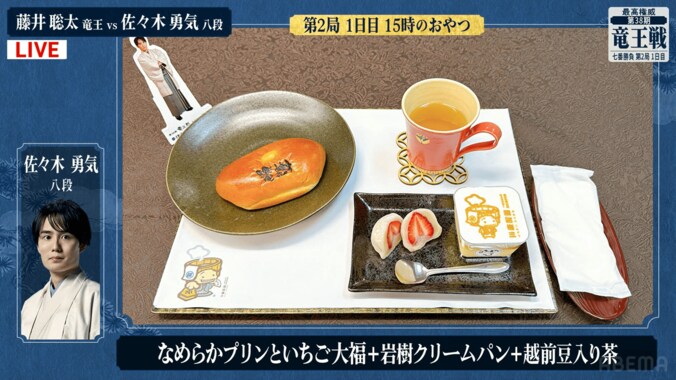 佐々木勇気八段の「権三くんのなめらかプリンといちご大福」、「岩樹クリームパン」、「越前豆入り茶」