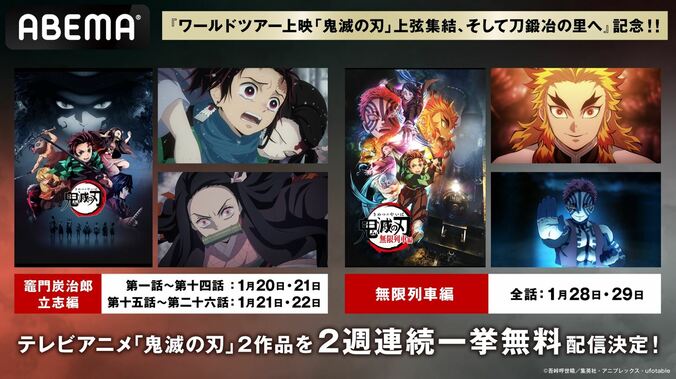 ワールドツアー公開記念！アニメ「鬼滅の刃」竈門炭治郎 立志編＆無限列車編、１月20日より2週連続一挙配信決定 1枚目