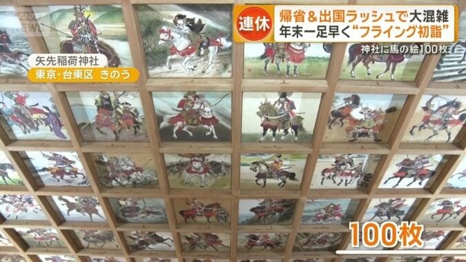 天井一面に張られた100枚の馬の絵！