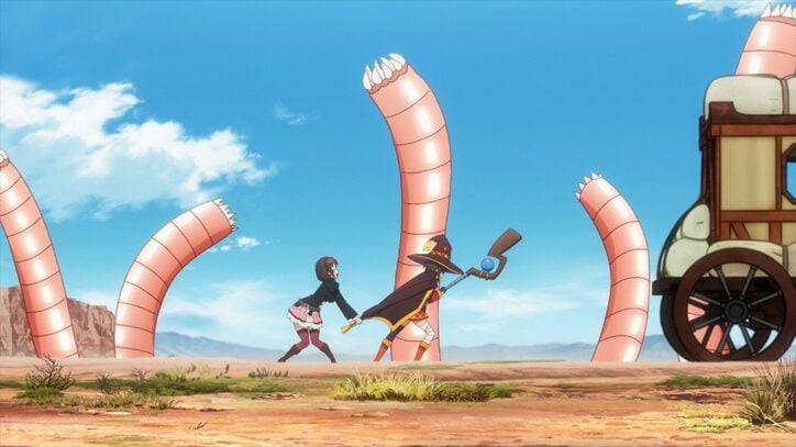 アニメ『この素晴らしい世界に爆焔を！』“巨大ミミズ”？モンスター襲来で足止め…第9話先行カット&あらすじ公開　