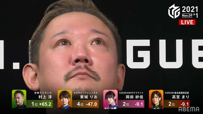 苦悩の村上淳、仲間の激励思い出し男泣き！復活勝利にもらい泣きファンする続出「全俺が泣いた」「おめでとう」／麻雀・Mリーグ 1枚目