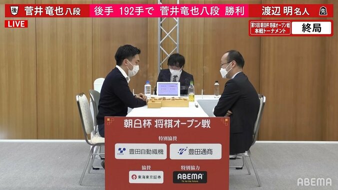 菅井竜也八段、192手の大熱戦 渡辺明名人に逆転勝利 午後2時からもう一局／将棋・朝日杯 1枚目