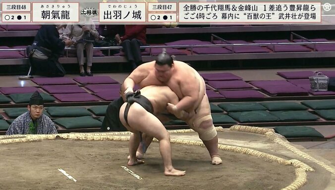 すっぽりと体が出羽ノ城の中に入ってしまう朝氣龍