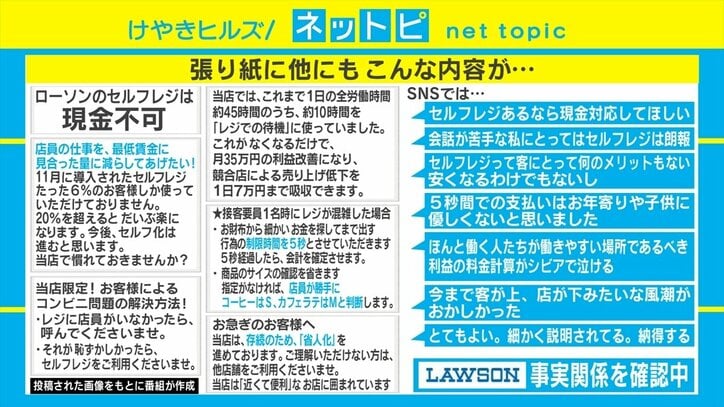 「セルフレジに慣れて」「店員に優しく」ローソンの張り紙がTwitterで話題 「行こうと思えない」「主張は強いが正論」と賛否両論