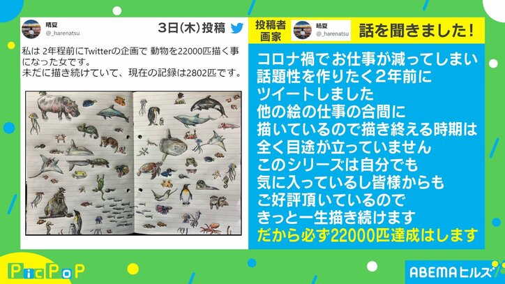 2年前にtwitterの企画で始めた 動物2802匹のイラストが話題 ゴールの2万00匹は 必ず達成します 話題 Abema Times