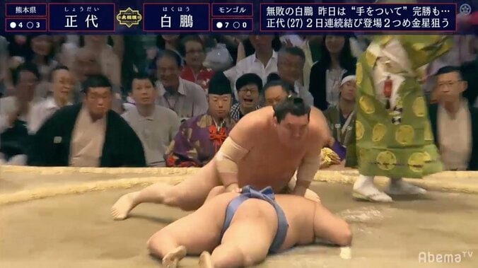 白鵬、初日から8連勝　取組後は正代の上に　連日同ポーズで館内ざわざわ 1枚目