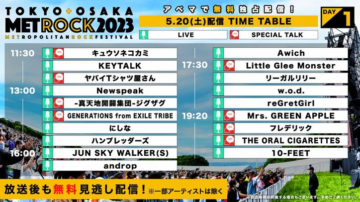 『メトロック2023』配信タイムテーブルが公開に！GENERATIONS、Creepy Nutsなどを生中継