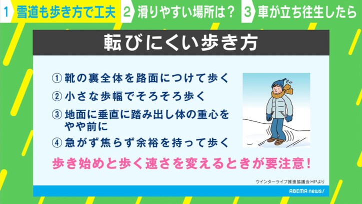 降雪時は転倒に注意 雪道を歩く4つのポイント 靴の裏全体を路面につける 国内 Abema Times