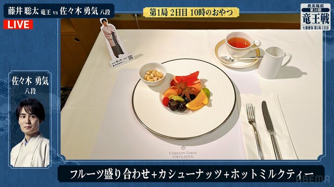 佐々木勇気八段が注文したフルーツ盛り合わせとカシューナッツ、ホットミルクティー