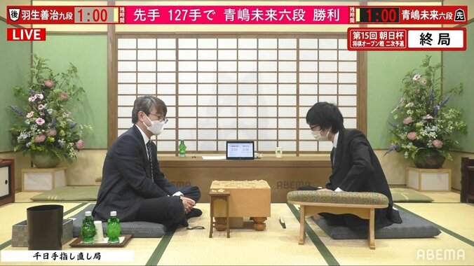 青嶋未来六段、羽生善治九段に千日手指し直しの末に勝利 最終盤、絶体絶命から大逆転／将棋・朝日杯 1枚目