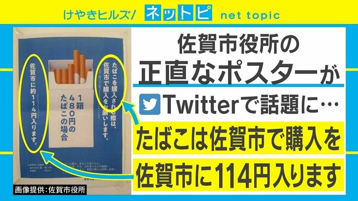 「たばこの購入は佐賀市で。約114円入ります」佐賀市の“正直な”ポスターが話題