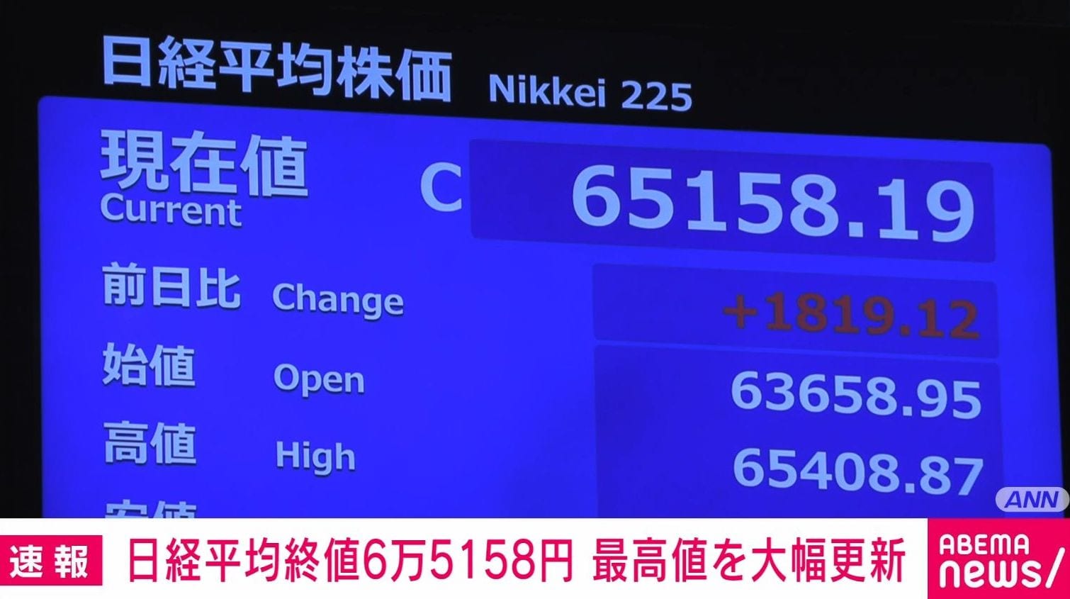日経平均終値6万5158円 最高値を大幅更新（ABEMA TIMES）｜dメニュー