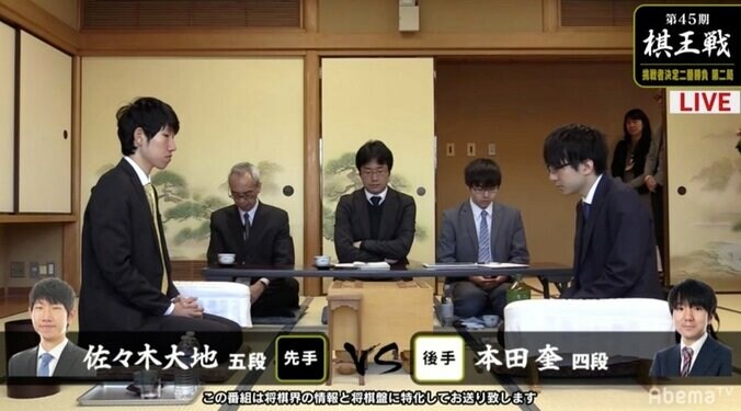 どちらが勝ってもタイトル初挑戦！ 佐々木大地五段 対 本田奎四段 対局開始／将棋・棋王戦挑決 1枚目