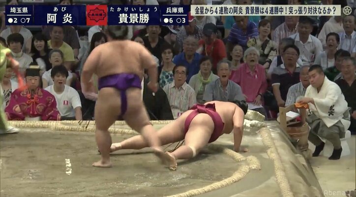 貴景勝、阿炎の長い腕をいなして突き落とし　貴乃花親方の目の前で7勝目