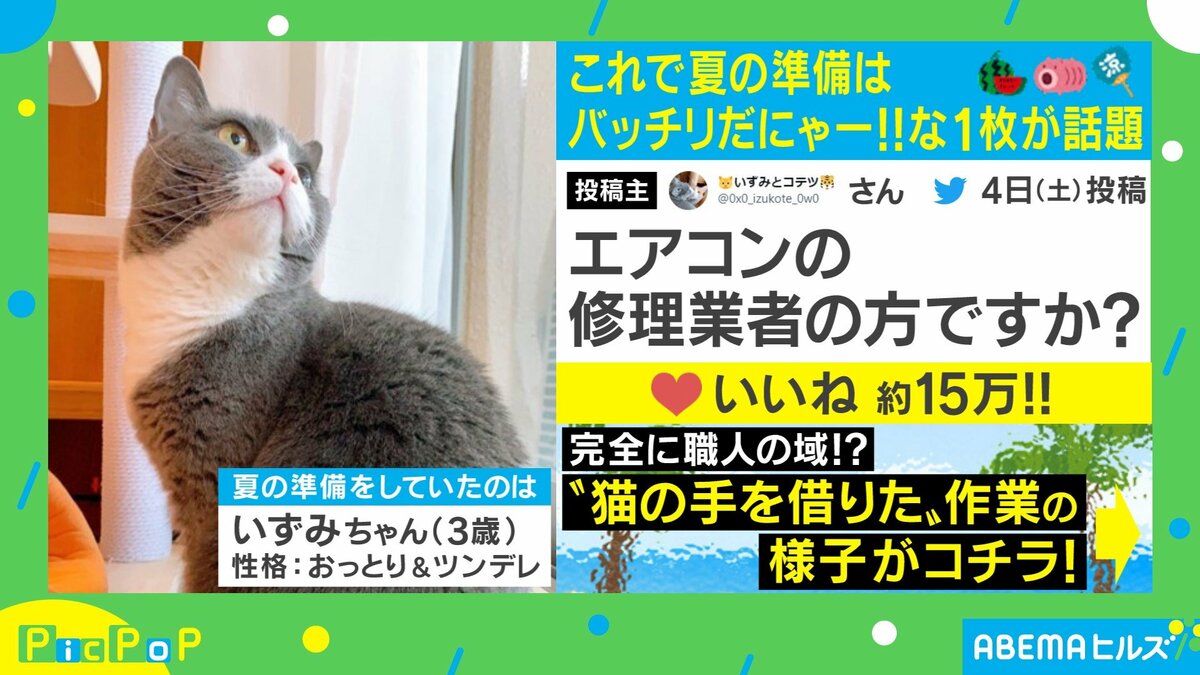 修理業者の方ですか？」背伸びでエアコンの隙間に手を入れようとして