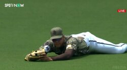 狙いすましてぎりぎりダイブ！ボールとグラウンド、距離感ばっちりの超美麗ヘッスラキャッチに球場大歓声